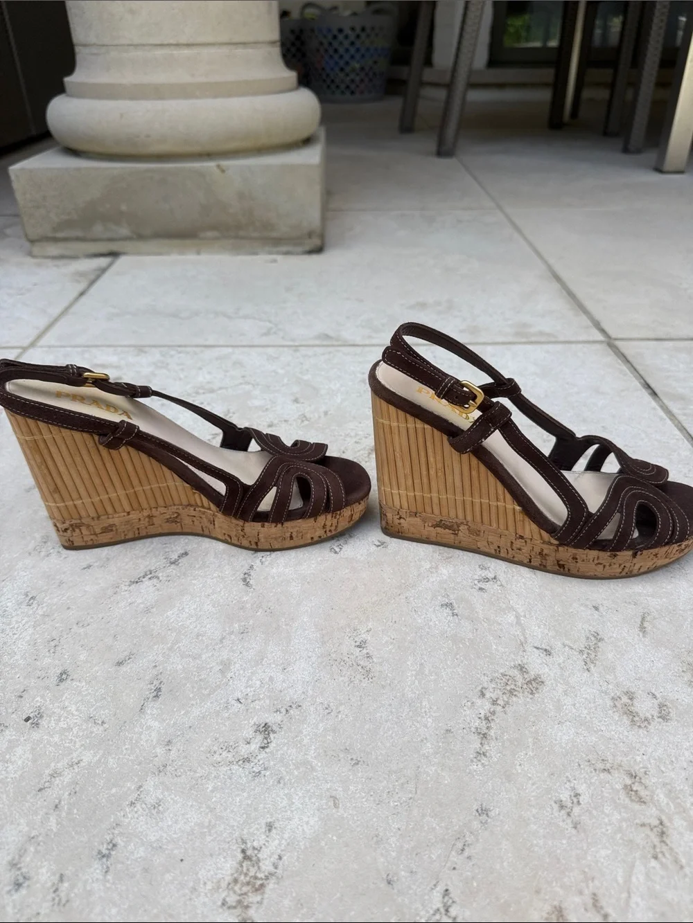 Prada Dark Brown Suede Slingback Heels with Gold Buckles - Picture 3 of 5
